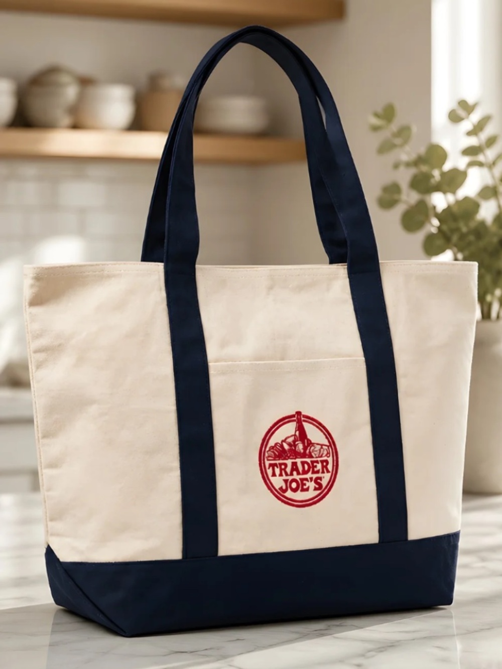 Trader Joe's canvas reusable tote bag Classic navy blue and cream color NWT